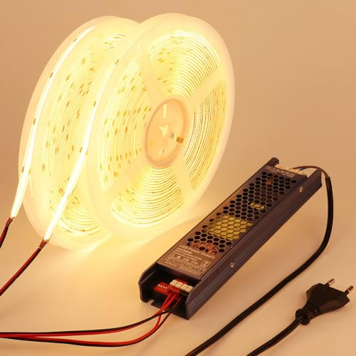 BENLUN COB LED List Utomhus 24V 20m CRI 93 Självhäftande med Nätaggregat | 3000K Varmvit LED Strip Lights 160W IP65 Klippbar för Vardagsrum, Sovrum, Kök, Trädgård, Belysning Dekoration, 10m X 2