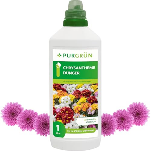 Purgrün® Chrysantheme-Dünger 1 Liter – Organisch-mineralische Rezeptur – Premium-Flüssigdünger mit Spurennährstoffen – NPK 8+8+6 – Mit Guano & Aqua Plus – Für leuchtende Blüten