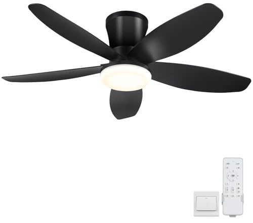 Ventilatori a soffitto con luci-92CM Ventilatore a soffitto a basso profilo con luce e controllo remoto/APP,DC reversibile, LED dimmabili Ventilatori a soffitto moderni per camera da letto(Nero)