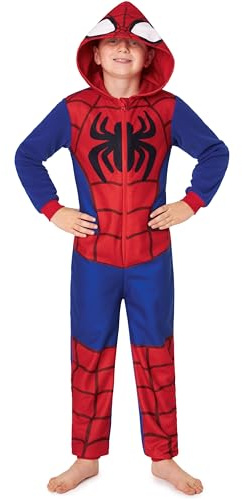 Marvel Spiderman Pijama Entero Niño, Acogedor Mono Pijama Polar, Todo en Uno Encapuchado Ropa de Dormir, Regalos para Niños (9-10 Años, Azul/Rojo)