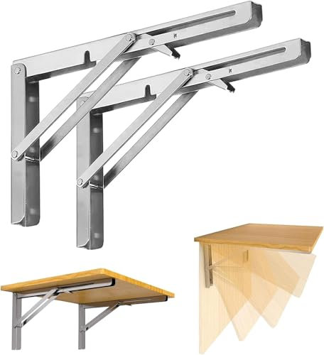 LeapBeast Equerre Pliante,2pcs Étagère Murale Pliante,Support Etagere Murale,Support Console Pliable en Acier Inoxydable pour Table Pliante, Murale, Étagères Charge Maximale 50kg (argent, 400mm)