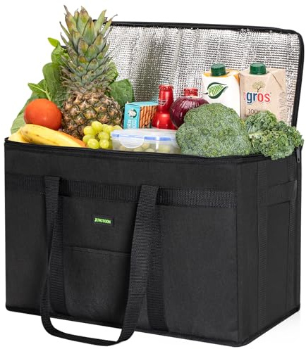 JUNGYOON Heavy-Duty Insulated Grocery Bags & Insulated Bag-Collapsible Cooler Bag with Zippered Top | Reusable Shopping Bags for Groceries, Picnics(Black, (20''x10''x13''))