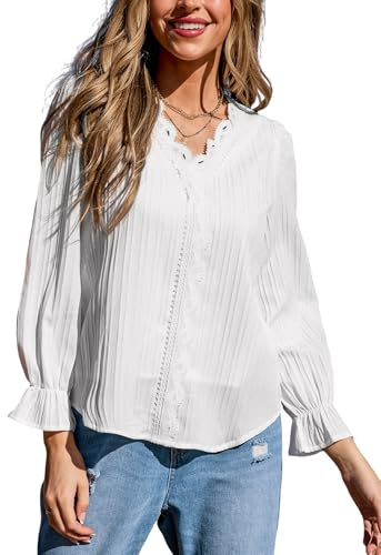 CUPSHE Blusa de encaje con volantes y mangas abultadas, elegante manga larga con cuello en V para mujer, Blanco, S