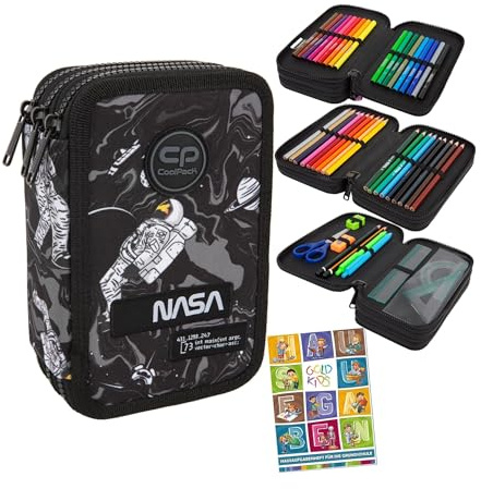 Goldkids - Federmäppchen 3 Fächer - Mäppchen für Mädchen und Jungen - Federmappe 3-Fach Federtasche Gefüllte Schüleretui Schulmäppchen und Hausaufgabenheft - NASA Astronaut Motiv