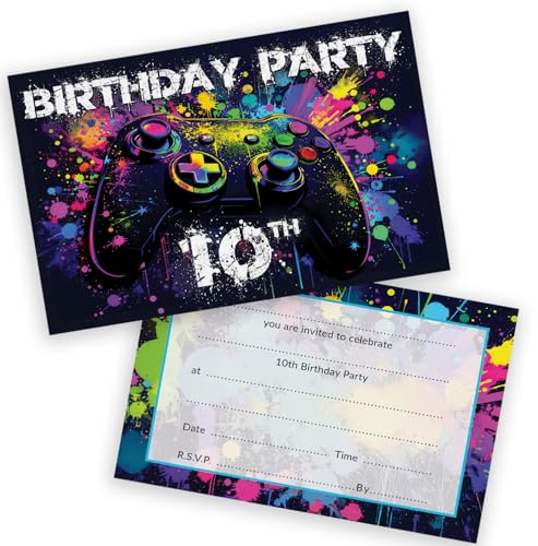 10th Birthday Party Invitations Kids - Video Gamer Gaming 20 Pack - Childrens Birthday Invitations for Boys/Girls A6 Bday Party Invites Invitation Cards with Folding Envelopes