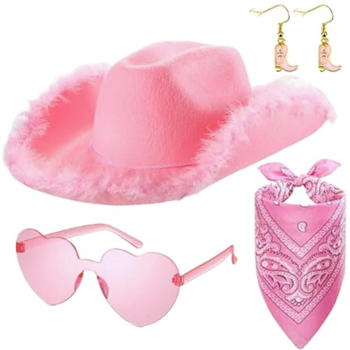 Générique Deguisement Cowgirl Fille 4 pièces Tenue de Cowgirl Rose Costume Accessoires Avec chapeau, écharpe, lunettes, boucles d'oreilles pour Hippie Disco de Carnaval Masqué Cosplay