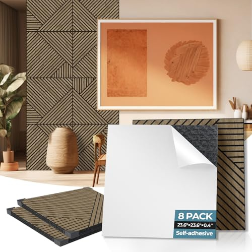 AKUMAX Self-Adhesive Soundproof Wall Panels- Wood 3D Wall Panels Cladding - Decorative & Sound Absorbing Acoustic Panels-Fire Retardant & FSC Certified -Pack of 8 Panels – 60x60cm(Walnut)