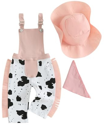 Geagodelia Toddler Boys Girls Tassel Sleeveless Overalls 3Pcs Cow Print Adjustable Romper Full Length Jumpsuit Suspender Bodysuits with Cowgirl Hat and Bandana Neck Scarf
