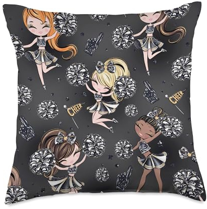 Cheerleader Pattern Cheerleading Cheer Squad Pom Poms Black Throw Pillow