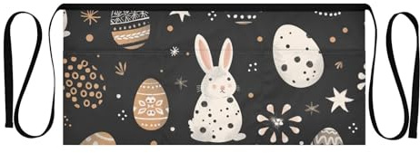QwThum Black Easter Bunny Egg Server Aprons with 3 Pockets Waitress Waiter Apron Short Waist Garden Apron for Cooking