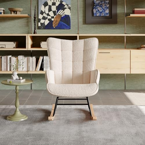 WSOFZMO Gungstol för vardagsrum beige med hög rygg, ergonomisk gungstol för barnkammare och amning