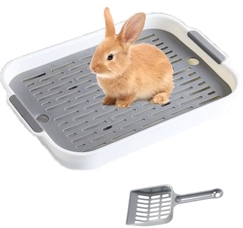 Small Animal Litter Box for Dwarf Rabbits,Rabbit Toilet Tray with Removable Mesh & Scoop for Bunny Guinea Pig Hamster, Rectangular Bunny Litter Box with Grid,Robust, Travel,Easy to Clean(WHITE)