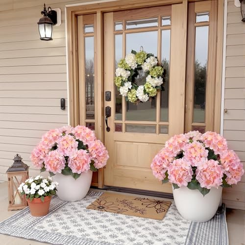 Janinka 2 Pcs Outdoor Artificial Hydrangea Stem Large Pink Faux Hydrangea Bushes with 5 Heads Uv-Resistant Waterproof Outdoor Faux Floral for Porch Wedding Yard Garden Decorations
