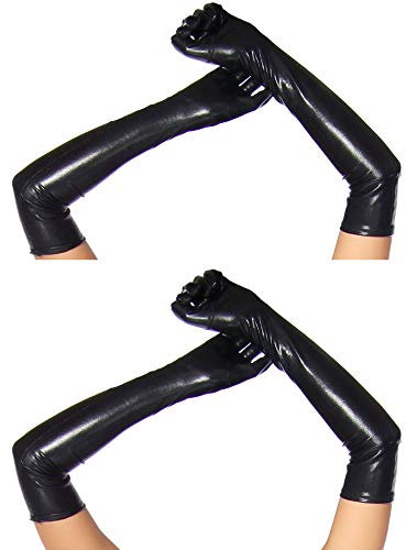 krautwear® Damen 2 Paar Lange Glänzende Wet Look Leder-Optik Handschuhe Abendhandschuhe ca. 53 cm lang (2x schwarz)