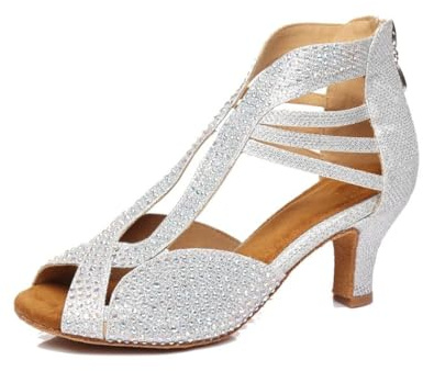 MGM-Joymod - Sandali da donna con punta aperta e cerniera, con strass sintetici, tango latino, scarpe da ballo per feste di nozze, Argento (Argento con tacco 6 cm.), 39 EU