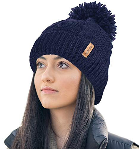 RockJock Ladies STORMACTIVE 100% Waterproof Warm Cable Knit Winter hat with Pompom and Thermal Cosy Liner-Navy