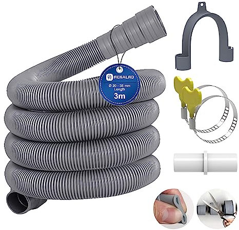 REKALRO Tuyau lave-linge 3m, tuyau d'évacuation des eaux usées avec raccord de tuyau de vidange et 2 colliers de serrage, rallonge de tuyau de vidange Ø 20mm pour lave-linge lave-vaisselle