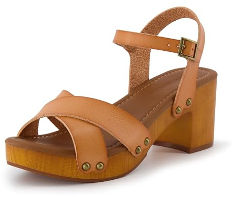 CUSHIONAIRE Slate Faux Wooden Heel Sandal, Comfortable Platform Sandals with Chunky Heels for Women Wide Widths Available,HONEY 9