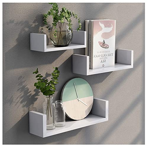 Homme Concept - Floating Shelves Set of 3 - U Shaped Composite Wood Wall Mounted Display Shelf for Bedroom, Living Room, Bathroom, Kitchen, and Office (White)