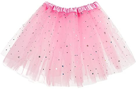 Sibba Sparkle Tutu kjol balett dans skorts 3 lager tyll paljetter stjärnor kjolar rollspel födelsedag prinsessa fest för flickor småbarn 2–7 år sport utomhus kläder kostym, ROSA, one size