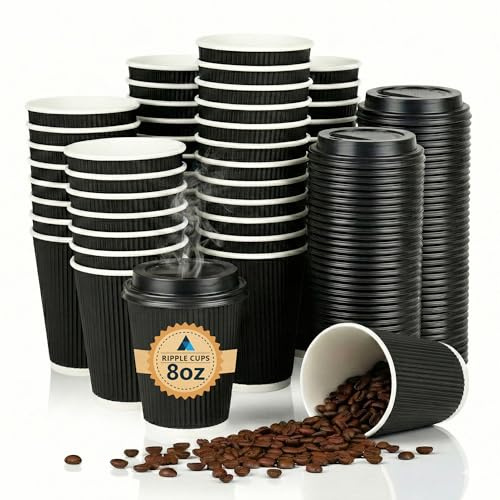 Nationwide Paper 8oz Triple Wall Ripple Paper Cups with Lids Black Insulated Disposable Takeaway Coffee Cups for Hot Drinks, Tea, Cappuccino & Espresso, Recyclable Catering Tableware (Pack of 50)