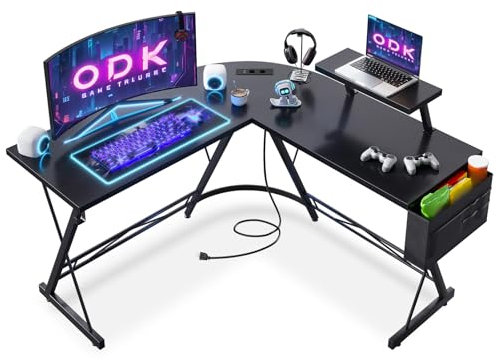 ODK Bureau Gaming avec 2 Prises et 2 Ports USB, Bureau Gaming avec Coins Arrondis et Support pour Moniteur, Bureau Noir 127 x 127 cm