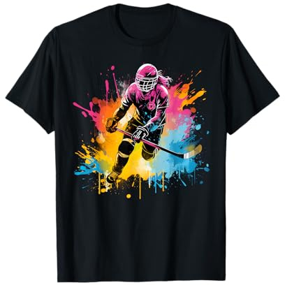 Colorful Ice Hockey Player Girl on Womens Ice Hockey T-Shirt