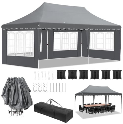 Pavillon 3x6 M, Partyzelt 3x6 Wasserdicht Stabil, Faltpavillon mit 4 Seitenwänden, UV Schutz 50+ Gartenpavillon mit 12 Erdhaken 6 Seile und 6 Sandsäcke, Pavillon für Camping Hochzeiten Markt, Grau