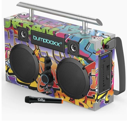 Bumpboxx Bluetooth Boombox Ultra Plus | Retro Boombox with Bluetooth Speaker | Includes Rechargeable Lithium Battery, Carrying Strap & Mic | Easy to Carry | NYC Graffiti