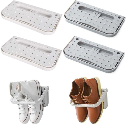Colexy Schuhhalter Faltbar Wand Montiert 4 Stück Hängeregal ohne Bohren Wandmontiertes Schuhregal Weiß Kunststoff-Schuhhalter Klappschuhregal für Eingangstür Badezimmer Zuhause Schuhe