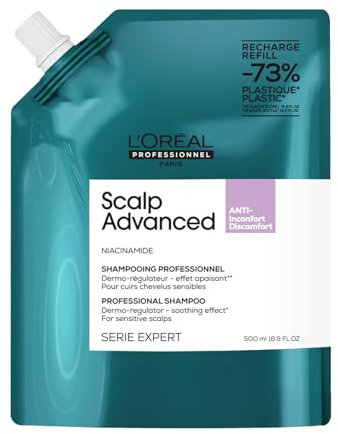 L'Oréal Professionnel, Shampoo Professionale Lenitivo, Per Cuoio Capelluto Sensibile, Per Capelli Luminosi e Setosi, Con Niacinamide, Anti-Discomfort, Scalp Advanced, Ricarica, 500 ml