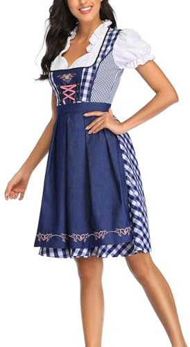 Robe Femme Dirndl Bavière Midi avec Tablier pour Inclus Parfait Oktoberfest Folklorique Tenue Bavaroise Traditionnelle Costume de Carnaval Idéal Bière Fête Set