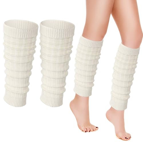 Geyoga Strickstulpen Beinwärmer für Damen Stulpen Lange Beinstulpen Leg Warmer Warme Gestreift Wadenwärmer für Winter 80er Y2k Party Tanzen Eiskunstlauf Schlittschuhe Sport Ballett Yoga(Weiß)