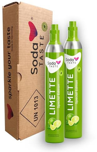 SodaTASTE Sostituzione di cilindri di CO2 (ricarica) per gorgogliatore, con aroma naturale di lime, senza sciroppo, per fino a 120 l di acqua frizzante con gusto, senza zucchero (attenzione: 2