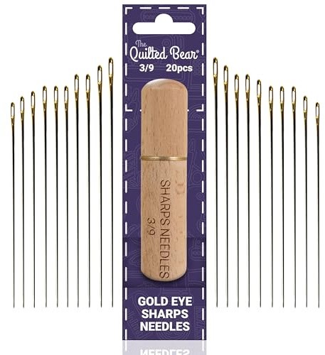 The Quilted Bear Gold Eye Sharps Sewing Needles 3/9-20 Sharps Hand Sewing Needles Set with Sharp Points in a Premium Engraved Wooden Case for Dressmaking and Sewing (Sizes 3/9)