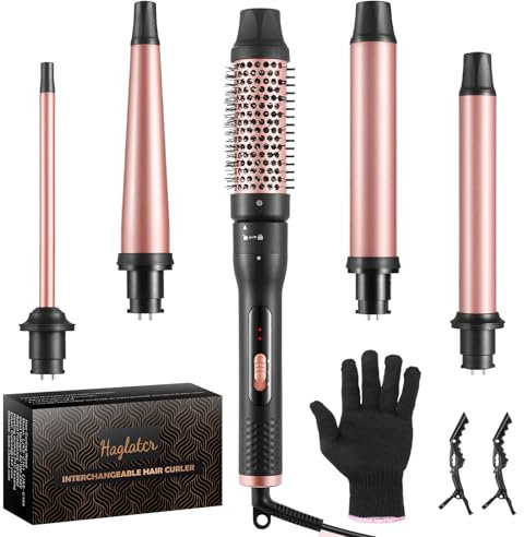Haglater Curling Wand, 5 in 1 Hair Curler Ceramic Curling Iron Set with Interchangeable Barrels for Long Thick Thin Hair, Hair Styling Tools with Glove