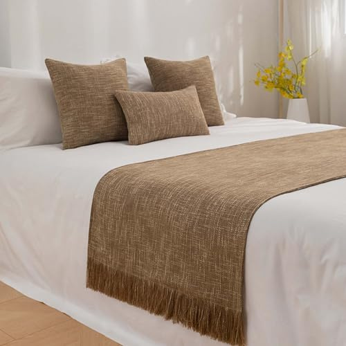 SXLXYOF Camino de Cama de Lino y algodón Bufandas Bufanda con borlas Color Liso para Hotel hogar Dormitorio Cama Toalla Manta Ropa de Cama Moderna Colcha Protectora, Brown-50*240CM(1.8m Bed)