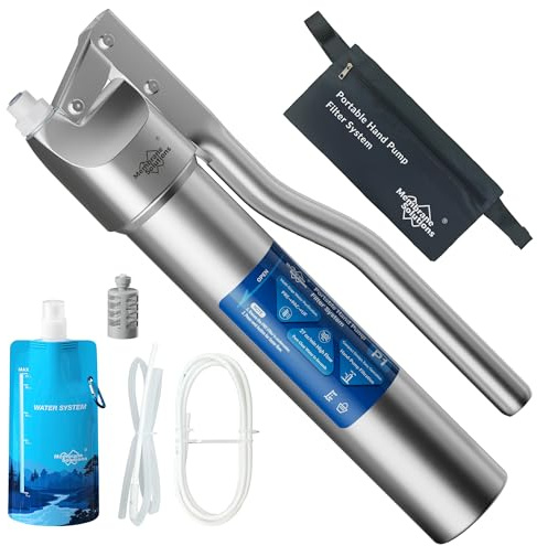 Membrane Solutions Portable Stainless Steel UF Water Filter P1, 0.01-Micron high Precision Detachable Hand Pump Filter System, Survival Gear for Hiking, Camping, Travel, and Emergency Preparedness