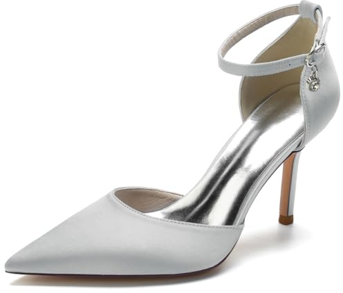 DANOBAB Eleganti Scarpe da Donna con Punta Affusolata, Tacco Alto, Fibbia, Cinturino, in Raso - Scarpe da Sera, per Matrimoni, Feste E Sposa,Argento,40