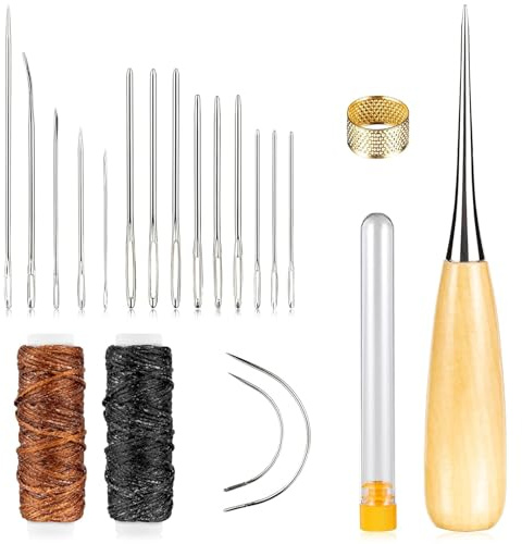 Teouuas 22 Piezas Kit de Costura de Cuero, Juego de Herramientas para Coser Cuero con Agujas, Hilo Encerado, Punzón y Dedal para Reparación de Tapicería, Bolsos, Zapatos, Manualidades DIY