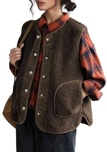 QIBABU Womens Fuzzy Fleece Vest Casual Button Down Sherpa Vest Warm Corduroy Sleeveless Jacket with Pockets(2130-LightCoffee-S-QB)