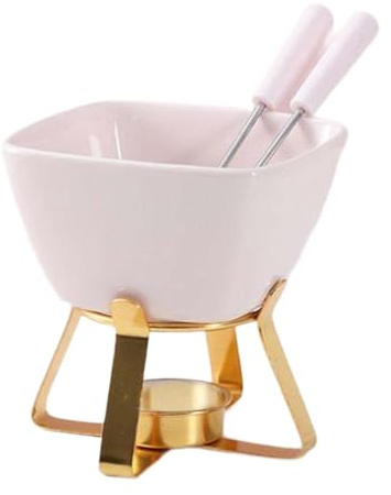 Gralara Pentola per fonduta di cioccolato con 2 forchette, da tè, scaldaburro per dessert, Rosa con Cremagliera Dorata