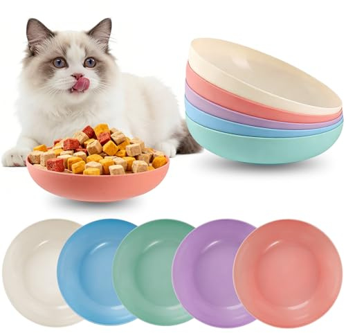 MOXYOY 5pcs Cat Bowls, Plastic Cat Food Bowls, Kitten Food Shallow Bowls, Whisker Fatigue Free Cat Water Bowls,Suitable For Small Cats, Short Legged Cats, Round