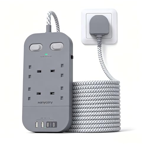 Gray Extension Lead 1.8M, 4 Way Plug Extension with 4 USB Slots(2 USB C)