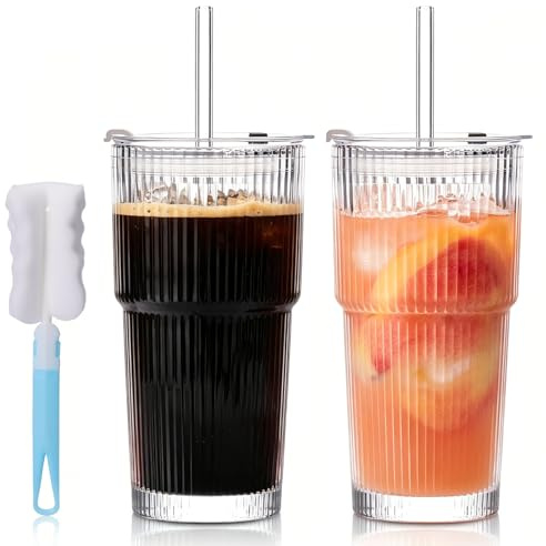 Vexnaro 2 Piezas Vasos de Vidrio con Tapa y Pajita, 600ml Vaso Cristal Transparente Diseño a Rayas con Popotes y Cepillo, Vasos Reutilizables para Café Helado, Batidos, Jugo, Cócteles, Cerveza
