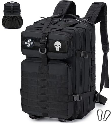 SPAHER 45L Sacs à Dos Tactique Militaire Armée Sac de Randonnée Trekking Survie Voyage Molle Étanche avec Une Housse Imperméable, Noir