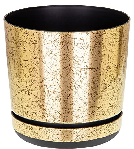 KORAD OLD GOLD flower indoor plant pot with saucer plastic gloss modern decorative planter with drainage holes (16cm - 6.3 inch)