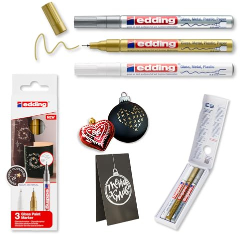 edding 780 gloss paint marker - white, gold, silver - set of 3 paint markers - extra-fine round nib 0.8 mm - paint pen for glass, pebbles, wood, plastic, paper - waterproof, high coverage