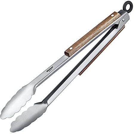 Westmark 16282270 Classic Wood Midi Pince à barbecue avec singes en acier inoxydable et éléments en bois sur les poignées, longueur : 31 cm, acier inoxydable/bois, argenté/marron