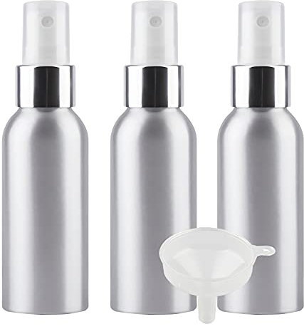 TIANZD 3 Stück Tragbar 100ml Leere Aluminium Sprühflasche mit Weiß/Silber Sprühkopf, 100 ml Feinen Nebel Pumpzerstäuber Aluminium-Flasche Zerstäuberflasche Reise Flasche, 1x Trichter